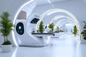 Poster - Futuristic healthcare facility with advanced AI and robotic surgery systems, showing how technology is reshaping tomorrowâ€™s medical care