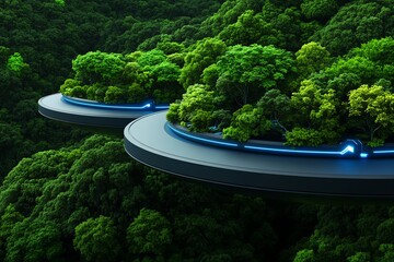 Poster - Futuristic landscape of a floating city above a forest, with advanced technology and glowing lights illuminating the trees below