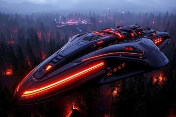 Poster - Futuristic landscape of a floating city above a forest, with advanced technology and glowing lights illuminating the trees below