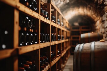 Poster - Exploring a rustic wine cellar filled with wooden barrels and neatly arranged bottles on shelves. Generative AI