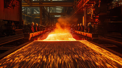 Workers pouring molten metal in a steel mill during the day, showcasing the intense industrial process of steel production