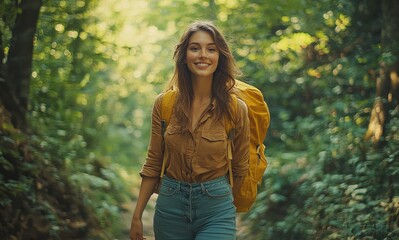 Young woman happily hiking in lush green forest wearing casual clothing and yellow backpack