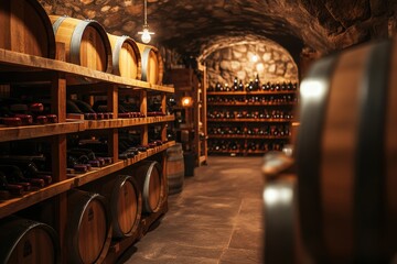 Poster - Explore the charm of a rustic wine cellar with wooden barrels and shelves brimming with fine wine bottles. Generative AI