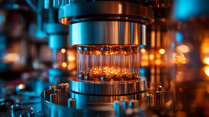 Poster - An intricate close-up of advanced machinery with illuminated components in a high-tech industrial setting at night