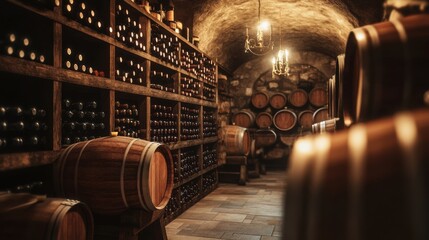Poster - Exploring a rustic wine cellar filled with wooden barrels and shelves of fine wine bottlings at dusk. Generative AI
