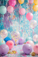 Bunch of balloons and confections on a blue background.