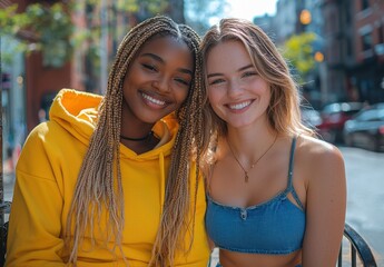 Two best friends enjoying a sunny day together on an outdoor bench, smiling and cheerful, creating a warm and joyful atmosphere