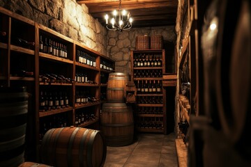 Poster - A rustic wine cellar featuring wooden barrels and shelves filled with a variety of wine bottles in a cozy ambiance. Generative AI