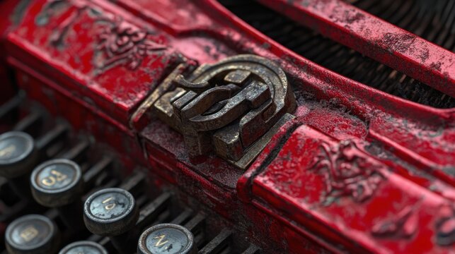 A close-up of a red vintage typewriter key, with intricate metalwork and wear marks creating a nostalgic feel.