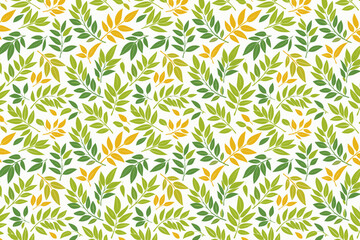 Seamless pattern with green and yellow curry leaves on a white background