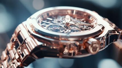 A close-up of a rose gold wristwatch with intricate details, shining under soft lighting, perfect for luxury and fashion themes