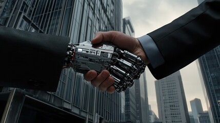 Poster - A robot and a human hand clasp in a handshake, illustrating the future of collaboration between AI and humans in the realms of business and innovation.