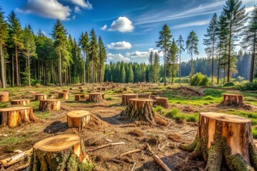 Deforested landscape with tree stumps under a clear sky in a mountainous region during daylight