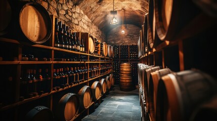 Poster - A rustic wine cellar featuring wooden barrels and shelves filled with diverse wine bottles in a dimly lit ambiance. Generative AI