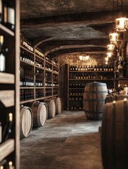 Poster - Explore a rustic wine cellar with wooden barrels and neatly arranged wine bottles in an inviting, atmospheric setting. Generative AI