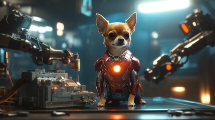 A small chihuahua sits confidently, wearing a superhero costume, while robotic arms work on gadgets in a modern lab filled with glowing technology and intricate machinery.