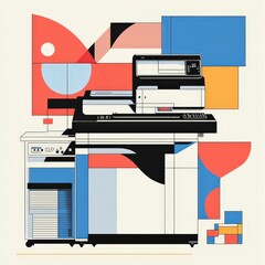 Poster - Geometric Office Machine: A bold abstract illustration of a photocopier, set against a backdrop of vibrant geometric shapes in a contemporary art style. This image evokes a sense of creativity.