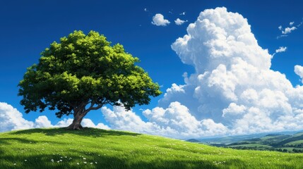 Lush green tree on a hill under a bright blue sky with fluffy clouds in the background.