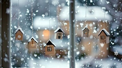 Poster - small wooden houses hanging in the window