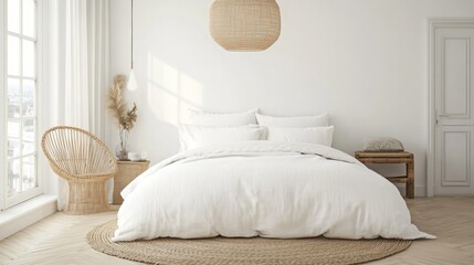 Poster - This cozy bedroom features a large white bed adorned with plush bedding, an elegant woven pendant light, and natural decor elements