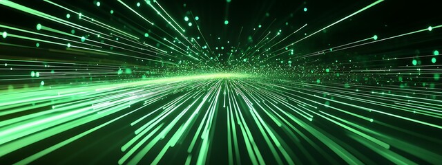 Poster - Abstract green light streaks converging to a point in the center of the image.