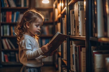 Young child exploring a library while reading a book during evening hours in a cozy, well-lit setting