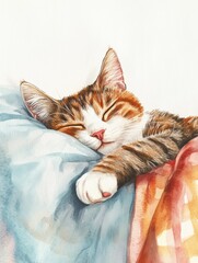 Poster - A cozy tabby cat peacefully sleeping on a colorful bedspread against a simple white background. Generative AI