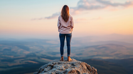 A confident businesswoman stands on the edge of a rocky landscape, gazing at a stunning sunset view, embodying empowerment and inspiration in nature.