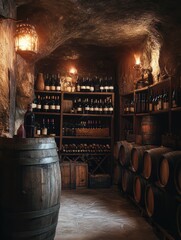 Poster - A rustic wine cellar featuring wooden barrels and shelves brimming with bottles in warm ambient lighting. Generative AI