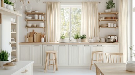 Poster - This open kitchen features white cabinetry, wooden shelves, and stools, creating a warm and inviting atmosphere