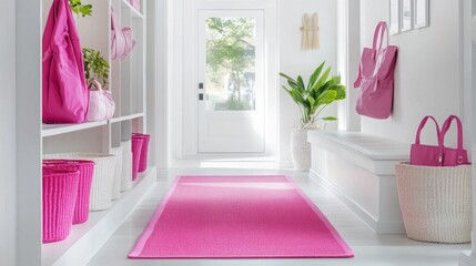 Poster - A vibrant hallway features a pink runner rug, matching baskets, and a large plant, illuminated by natural light from a nearby door, showcasing a fresh and inviting atmosphere in a contemporary home.