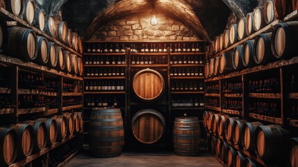 Poster - Explore the enchanting wine cellar with wooden barrels and shelves filled with bottles for a perfect vintage experience. Generative AI