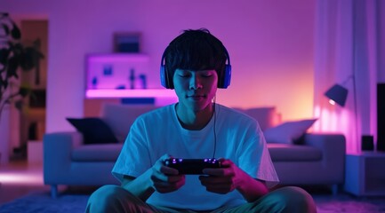 Happy asia man gamer wear headphone competition play video game online with smartphone colorful neon light in living room at night modern house. Esport streaming game online