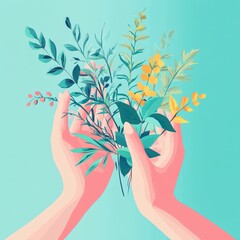 Gentle Hands, Vibrant Bouquet: A stylized illustration of two hands gently cradling a lush bouquet of colorful flowers and leaves against a soft teal backdrop.