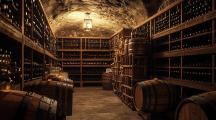 Poster - Explore a rustic wine cellar featuring rows of wooden barrels and shelves filled with assorted wine bottles in a serene setting. Generative AI
