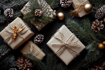 A lot of Christmas presents on a table. Top view. Gift boxes and Christmas tree branches. New Year traditions. Boxing day