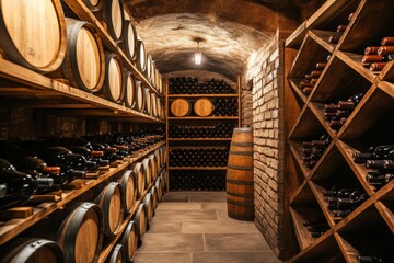 Poster - A serene wine cellar filled with wooden barrels and neatly organized wine bottles in a cozy underground setting. Generative AI