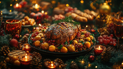 Christmas food menu, dinner table place setting, dark festive background. The table is covered with a modern christmass decoration based on the christmas trends 2024. New Year eve 2025.