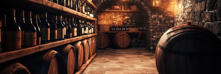 Poster - Explore the rustic charm of a wine cellar filled with wooden barrels and shelves of exquisite wine bottles in warm lighting. Generative AI