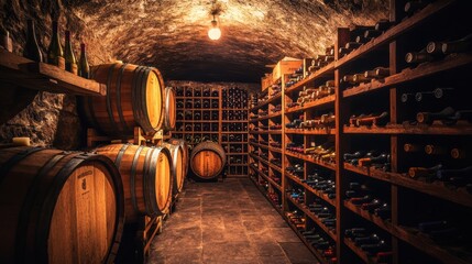 Poster - Explore a rustic wine cellar with wooden barrels and organized shelves filled with an extensive collection of wine bottles. Generative AI