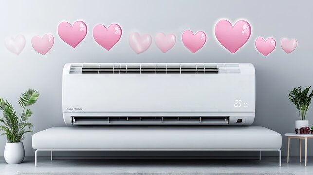 An air conditioner blows pink heart-shaped air streams across a cozy living room, creating a fun and romantic Valentine's Day atmosphere.
