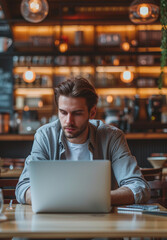 Wall Mural - A man is sitting at a table with a laptop open in front of him