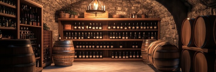 Poster - A rustic wine cellar showcasing wooden barrels and shelves filled with a diverse collection of wine bottles. Generative AI