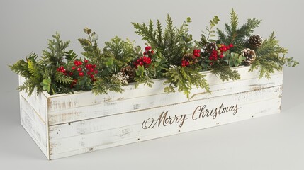 Wall Mural - White wooden box with Christmas decorations and the inscription 