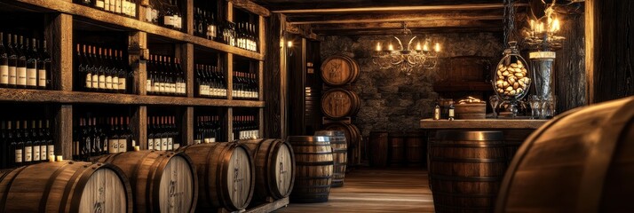 Poster - Explore a rustic wine cellar adorned with wooden barrels and shelves brimming with fine bottles in an elegant setting. Generative AI