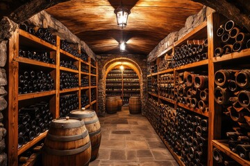 Poster - A rustic wine cellar showcasing wooden barrels and shelves lined with wine bottles set in a stone arched environment. Generative AI