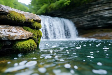 Poster - Hyper-realistic close-up of a waterfall, with every droplet of water and the moss-covered rocks captured in stunning detail