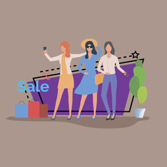 Poster - Women going shopping flat vector illustration. Female characters taking selfie picture together on sale. Shopping, sale, special offer, friendship concept for banner or poster design