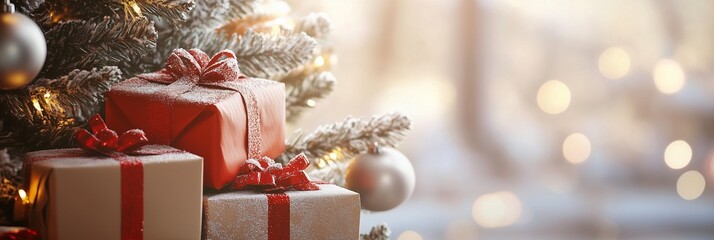 a festive scene featuring beautifully wrapped christmas gifts placed under a decorated christmas tre
