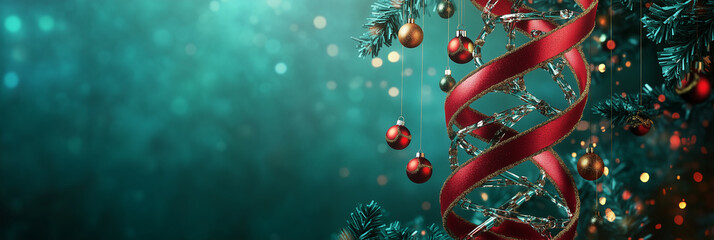 A detailed festive illustration of a DNA double helix adorned with Christmas ornaments and decorations, blending science with holiday themes, perfect for unique seasonal designs